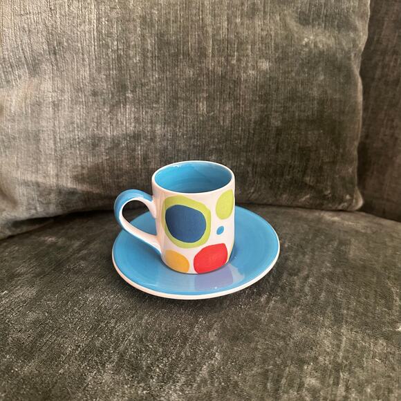 Whittard of Chelsea Espresso Cup and Saucer Set Handpainted Colorful Polka Dot - Picture 1 of 3